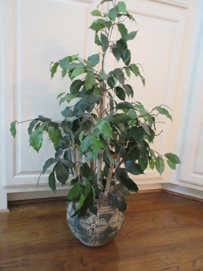Silk Ficus Tree in Ceramic Planter w/ Raised Foliage Design Antiqued Patina
