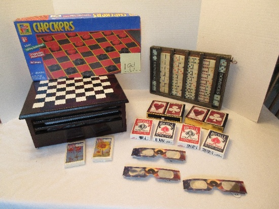 Games Lot - Checkers, Past Tyme Classic Dominoes 28 Piece Game Set, Playing Cards