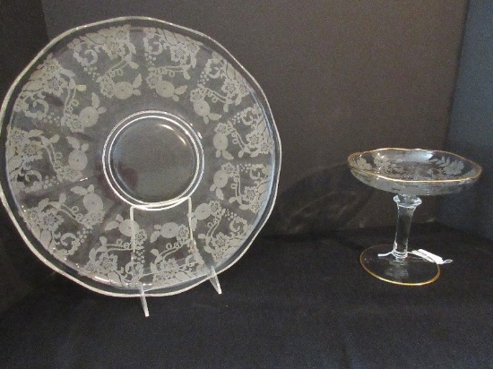 Depression Glass Floral Etched Torte Plate 13 3/4" D & Wild Rose Etched Compote w/ Gilt Trim