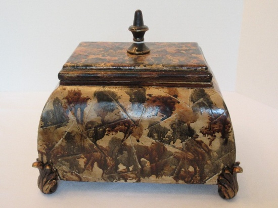 Resin Decorative Keepsake Footed Box Mosaic Design Style w/ Mottled Brown Finish