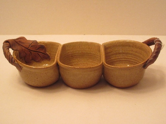 3 Part Pottery Bowls w/ Handles & Oak Leaf Accent Artist Signed