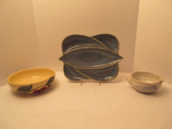 Lot - Small Pottery Handle Mixing Bowl w/ Spout Hand Decorated 2 1/2" H top 5"