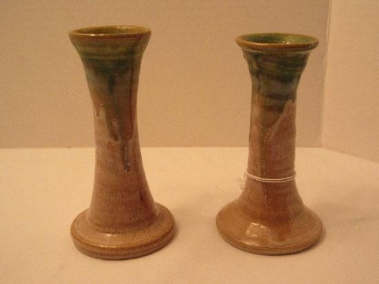 Pair - Lantern Hill Pottery Seagrove N.C. Mottled Glaze Finish Bud Vase/Candle Sticks
