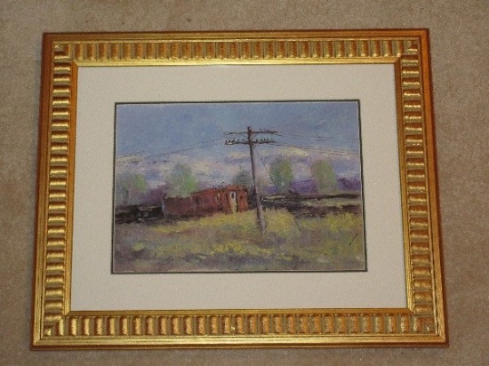 Impressionist Giclee on Canvas Train Caboose Telephone Landscape Scene