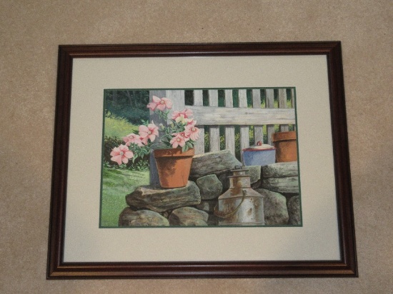 Pink Potted Vine White Fence Scene Original Watercolor Artist Signed Jack Bolin
