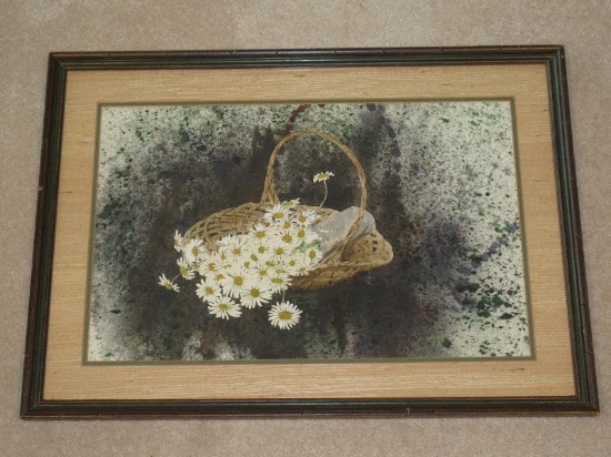 Titled "Picking Daisies" Original Watercolor Artist Signed Jonny Wine