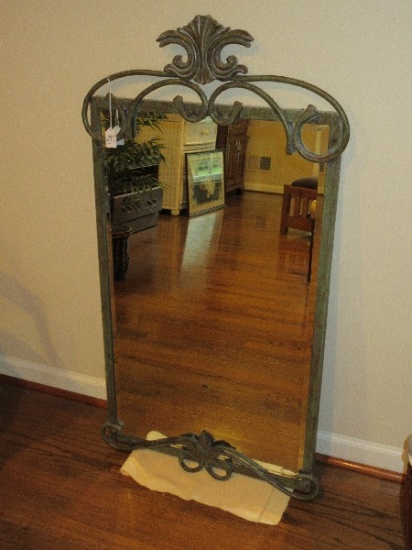 French Inspired Chateau Style Metal Framed Beveled Wall Décor Mirror Antiqued Patina