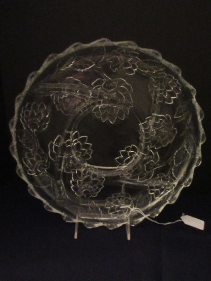 Glass 5 Part Relish Round Platter Asian Lotus & Foliage Relief Design