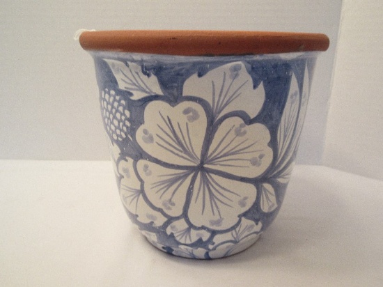 Portugal Pottery Terra Cotta Planter Hand Painted Blue/White Tropical Foliage Design