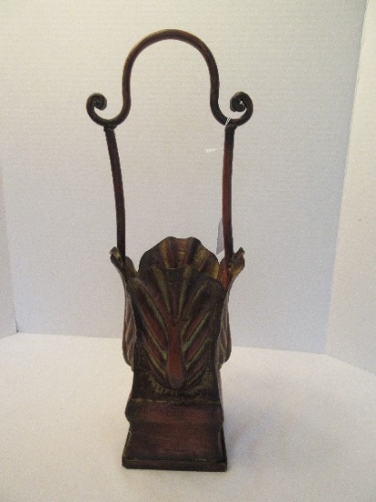 Decorative Tin Lettice Leaves Design Basket w/ Center Handle Antiqued Verdigris Patina