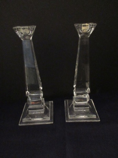 Pair - Lead Crystal Tapered Column Candle Sticks on Step Plinth Base