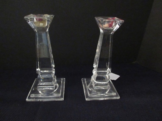 Pair - Lead Crystal Tapered Column Candle Sticks on Step Plinth Base