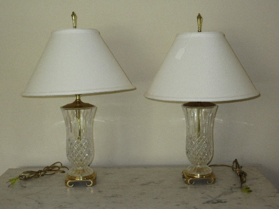 Pair - Lead Crystal Vase Form Table Lamps Diamond Pattern on Brass Chinoiserie Base