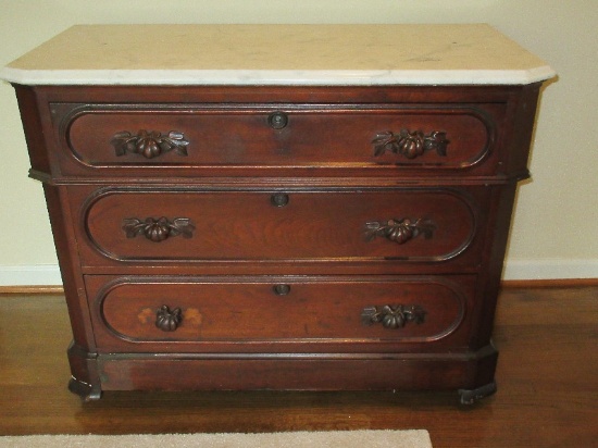 Antique Walnut Bachelor's Chest w/ Marble Beveled Top, Escutcheons, Carved Pulls