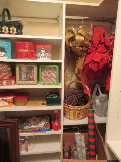 Christmas Lot - Wrapping Paper, Basket w/ Pine Cones, Bows, Gift Tins/Boxes/Bags
