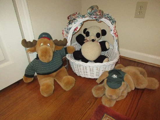 Painted White Large Basket w/ Starched Vivid Color Pattern Ribbon Bow & Plush Toys Panda