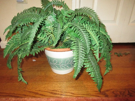 Terra Cotta Pottery Planter w/ Relief Foliate Sage Band/White Glaze Finish