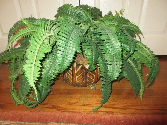 Decorative Tropical Foliage Leaves Embossed Footed Planter Antiqued Patina w/ Silk Fern