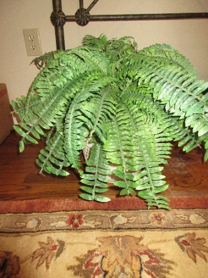 White Grape Vine Embossed Ceramic Planter Antiqued White Patina w/ Silk Fern