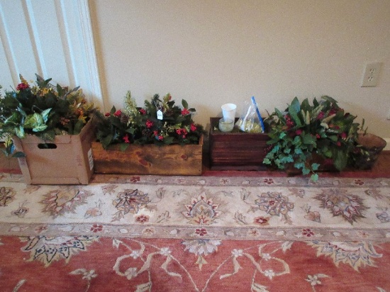 3 Wooden Planter Boxes w/ Silk Arrangements & Silk Bunches
