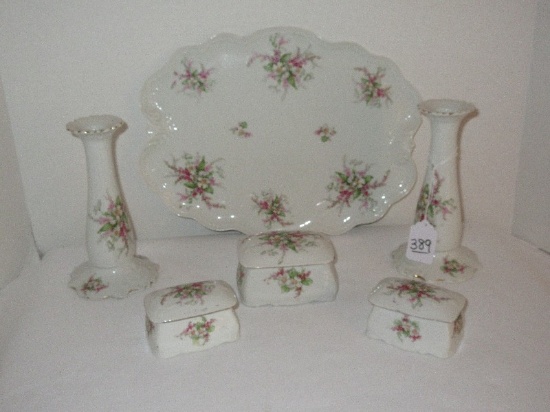 9 Piece - Porcelain Victorian Era Style Dresser Set Consist of Pair Candle Sticks 6 1/2"
