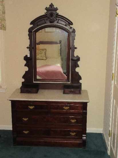 Stunning Antique Walnut Eastlake Dresser 2 Over 2 w/ Ornately Carved Attached Frame Mirror