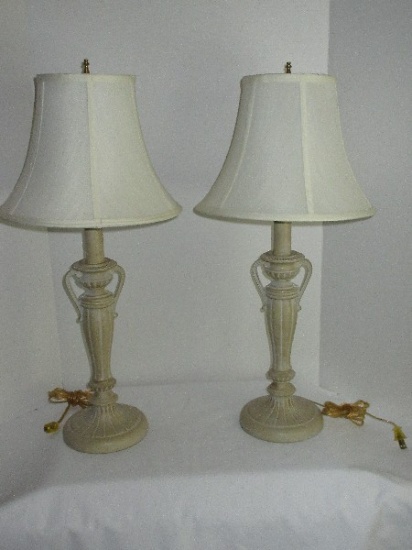 Pair - Metal Candlestick Style Banquet Lamps Beaded Handles Design on Plinth Base