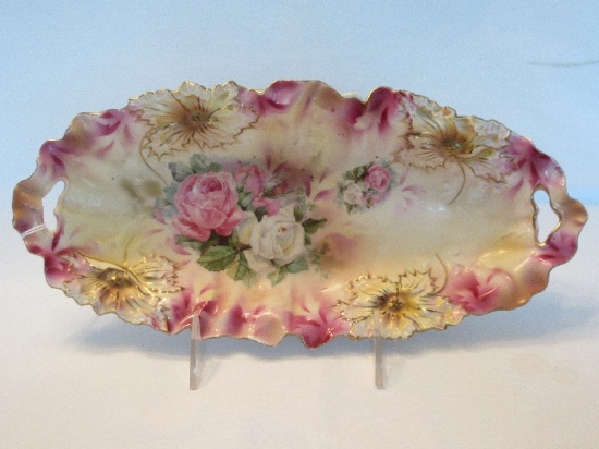 Porcelain Celery Dish Relief Flowers, Gilt Trim w/ Floral Rose Buds Sprays Transfer