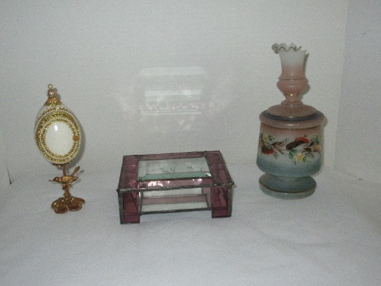 Lot - Hand Blown Bristol Glass Covered Jar Hand Painted Flowers/Foliate Design