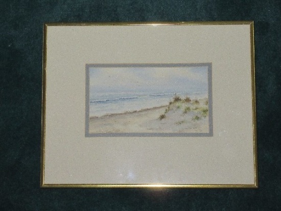 Titled "High Tide" Original Water Color Depicts Rolling Waves Sand Dune Beach Scene