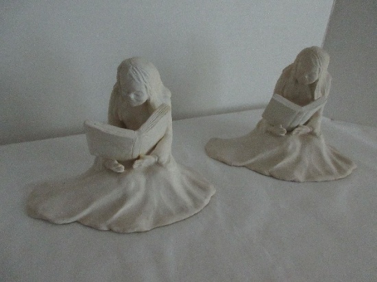 Pair - Figural Plaster Bookends Girl Sitting Read a Book