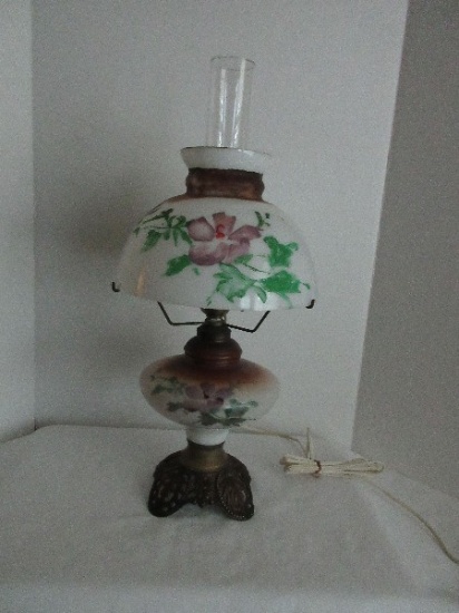 Victorian Era Style Hurricane Converted Oil Lamp w/ Hand Painted Milk Glass Shade