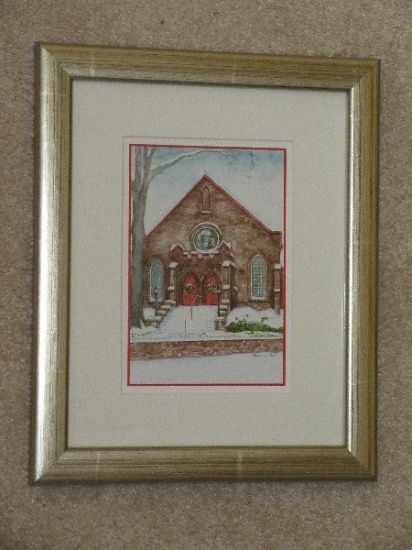 Church w/ Christmas Wreaths Winter Scene Print by Artist Sueanne Hall