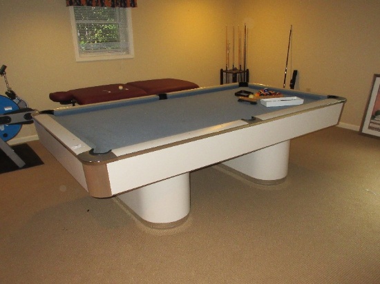 Awesome Mid-Century Pool Table White w/ Stainless Trim, Blue Grey Felt Top