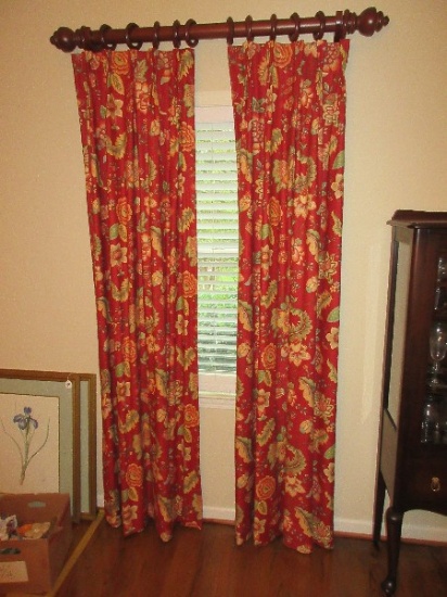 4 Custom Panel Draperies w/ Wooden Dowels, Rings & Brackets Floral/Foliate Pattern Lined