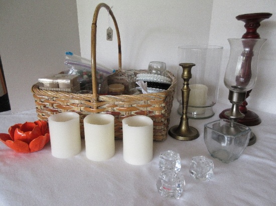 Lot - Basket w/ Tapered Candles, 4 Flameless Battery Pillar Candles