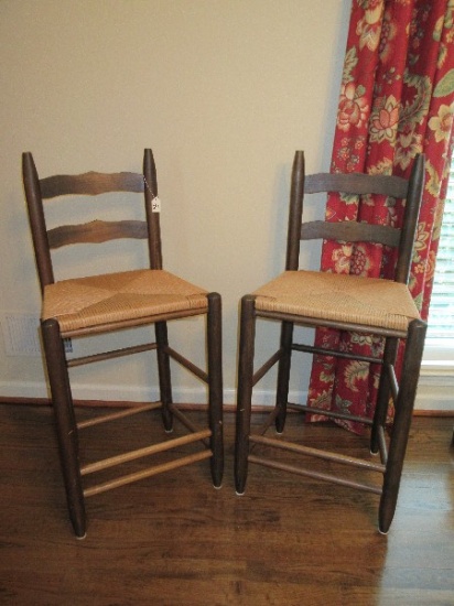 Pair - Pine Dark Stain Ladder Back Rush Seat Bar Stools