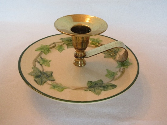 Franciscan Earthenware Ivy American Pattern Candleholder Brass Finish Handle & Footed Base
