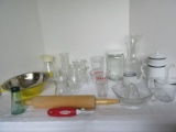 Kitchen Lot - Yellow Strainer, Wooden Rolling Pin, Fireking/Pyrex Glass Measuring Cups