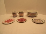 Lot - Pottery Bowl w/ Handles Multi-Color Bands Design Cream