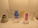 Lot - Misc. Glass/Ceramic Vases Clear, Diamond Pattern, Cobalt, Crackle Glass, Etc.