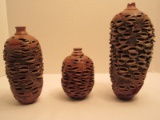 Unique Set - 3 Hand Craved Realistic Wood Pine Cones Design Accents Graduating Heights