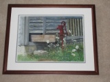 Old Red Well Hand Pump & Wild Flowers Barn Background Original Water Color