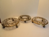 3 Brass Finish Planter Trolley Caddy Classic Scrolled Acanthus Leaves Design