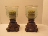 Pair - French Inspired Lattice/Acanthus Leaves Base Candle Stands w/ Glass Shade Frosted