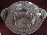 Depression Glass Heavily Etched Birds & Flowering Vine Foliate Design Footed Bowl