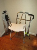 Lot - Geriatrics Unique Cane w/ Seat, Shower Stool, Folding Walker, Etc.