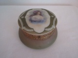 Antique Nakara C.F. Monroe Co. Opal Glass Dresser Box w/ Victorian Maiden Portrait