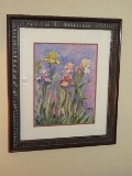 Vivid Bearder Iris & Foliage Original Water Color Artist Signed Linda Simpson