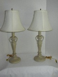 Pair - Metal Candlestick Style Banquet Lamps Beaded Handles Design on Plinth Base